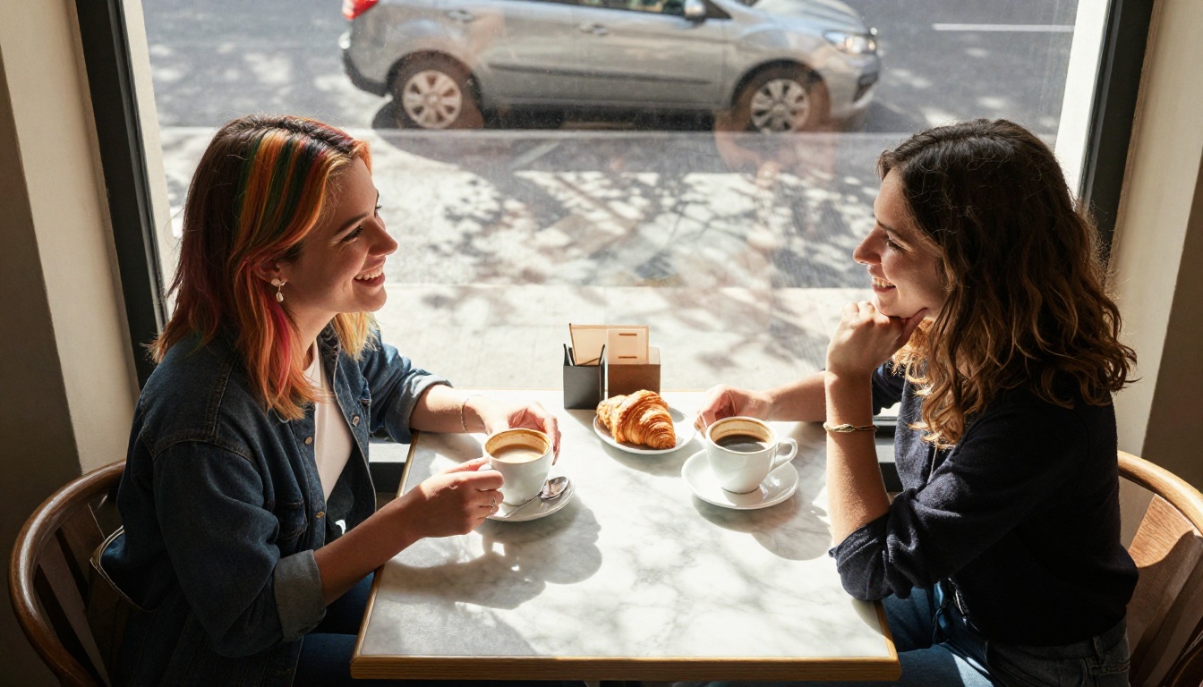 Aerial view of two young women at a sunlit café table, marble surface, coffee cups, morning daylight, dappled light patterns, authentic skin textures, Kodak Portra 400