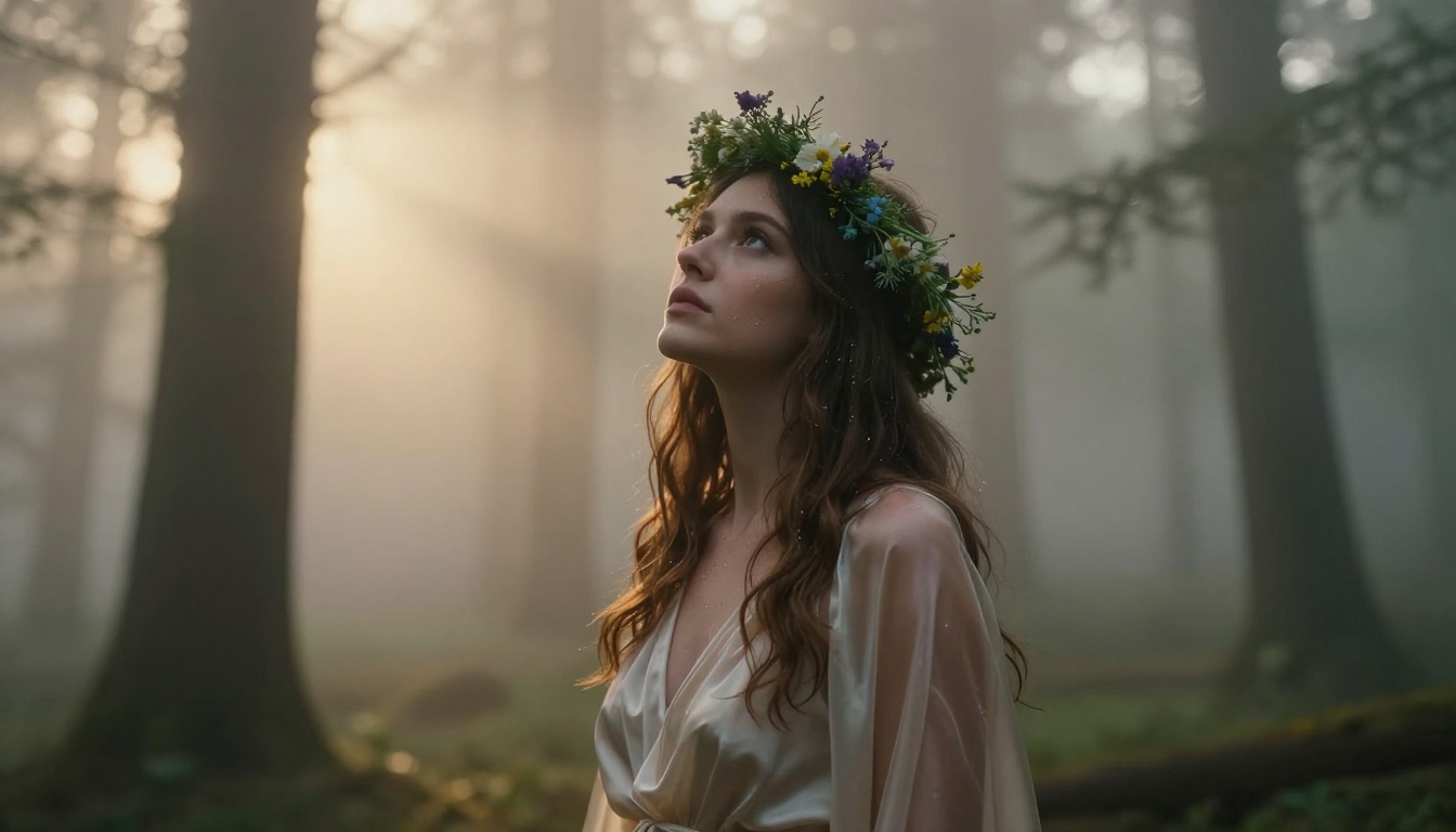Woman in fantasy flowing silk dress standing in misty forest clearing at dawn, volumetric morning light from left through cedar trees, floral crown, low angle upward shot, 85mm f/2, Kodak Portra 400