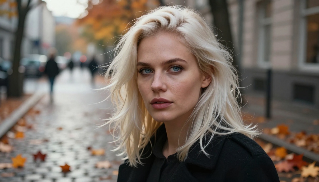 Platinum blonde woman with pale blue eyes in outdoor urban autumn setting, fallen orange maple leaves on wet cobblestone, volumetric morning light from left, 85mm f/1.8, Kodak Portra 400