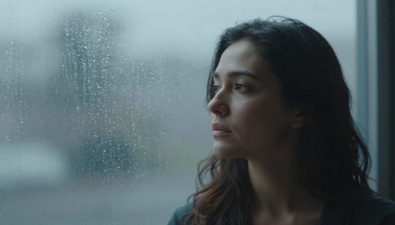 Woman with dark hair sitting by a rain-streaked window, soft grey diffused daylight from left, condensation droplets creating abstract bokeh in foreground, 50mm f/2, Kodak Portra 400, moody blue-grey