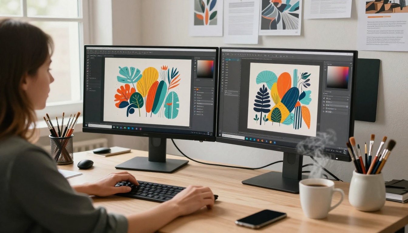 Creative professional workspace with dual monitors showing digital artwork, mood board with art references pinned to the wall, natural north light from a large studio window, 35mm f/2.8, Kodak Portra 400