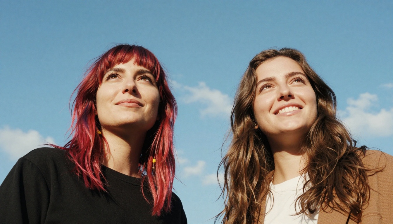 Low-angle shot looking up at two women standing side by side against clear blue sky, one with colorful styled hair, one with natural brunette waves, bright midday sunlight creating catchlights in their eyes, 24mm wide angle lens, Kodak Portra 400