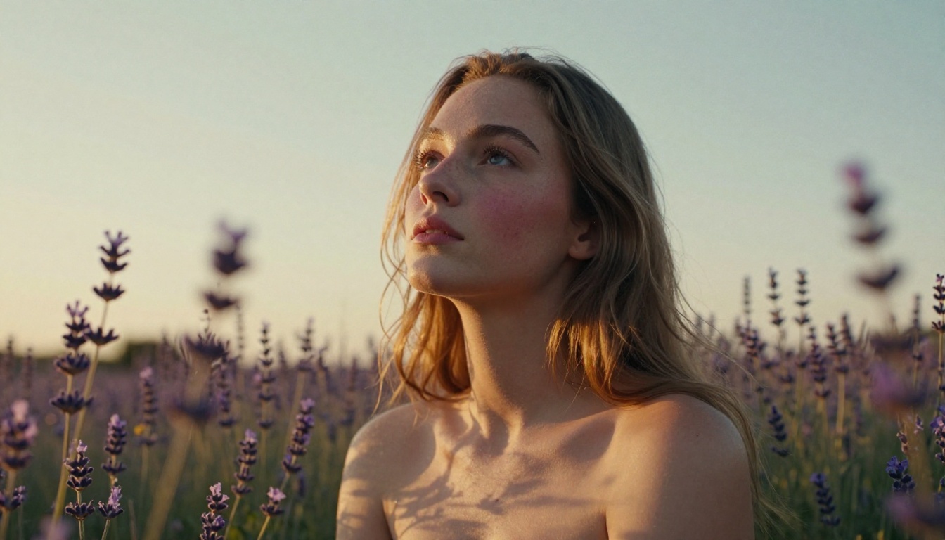 Fair porcelain skin in golden hour meadow light with warm rim halo