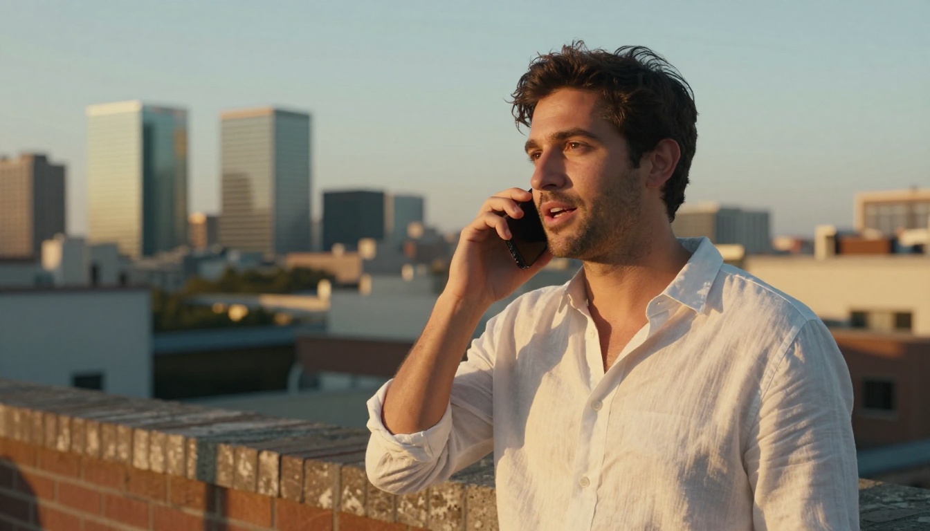 Man on rooftop terrace speaking to AI companion on phone