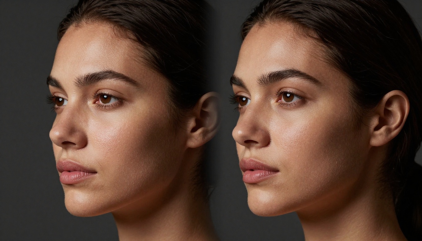 Studio Rembrandt lighting split across warm medium-brown skin