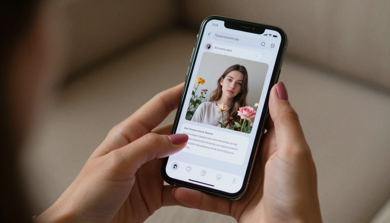 Close-up of hands holding phone with AI photo chat interface
