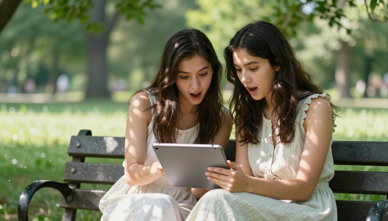 Two women on park bench looking at tablet AI chat response