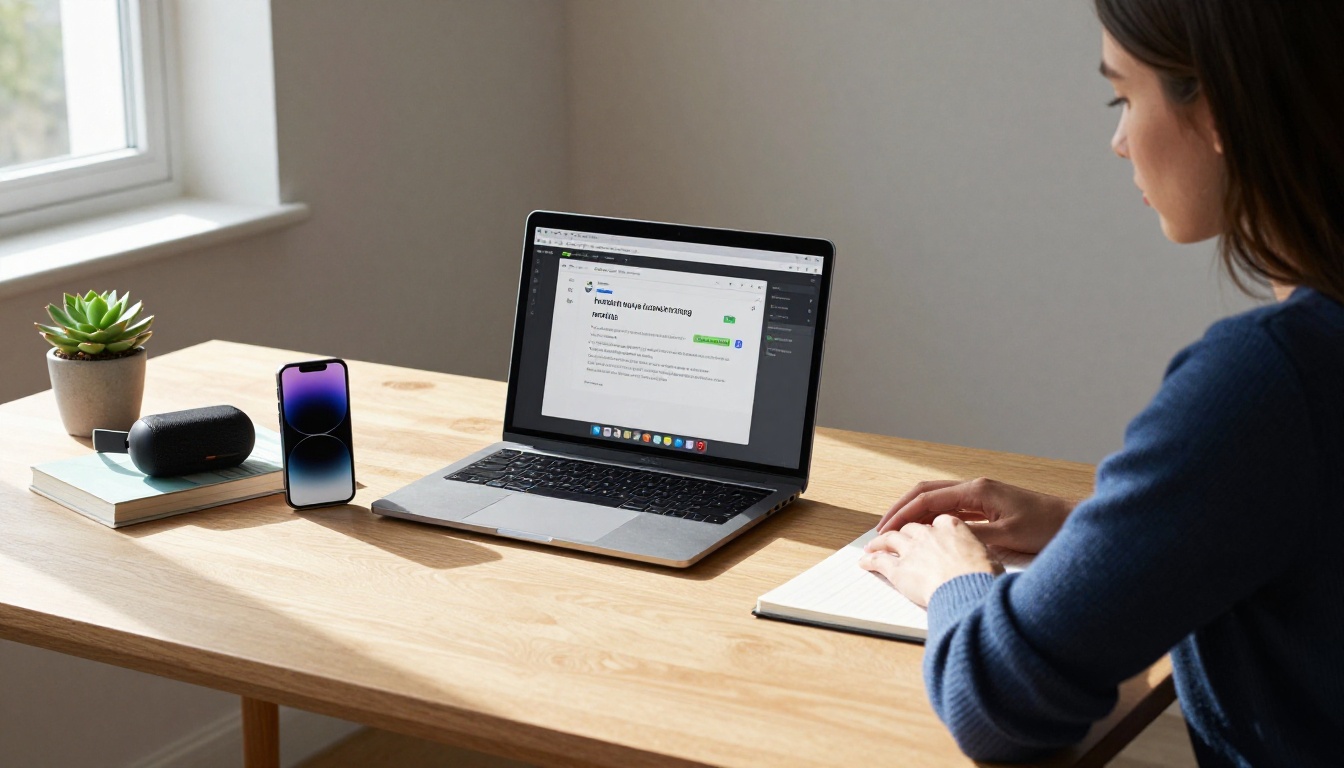Woman at minimalist home office desk with AI interface on screen