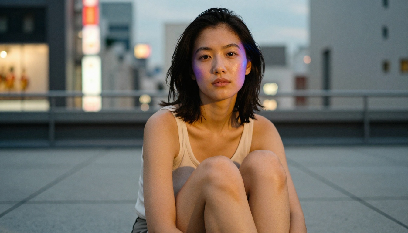 Young Asian woman with warm ivory-golden skin in Tokyo at dusk