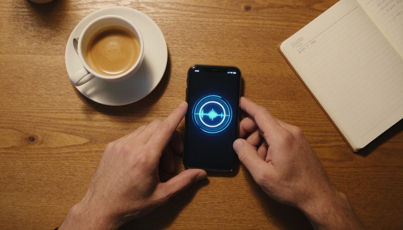 Overhead shot of hands with phone showing AI voice waveform