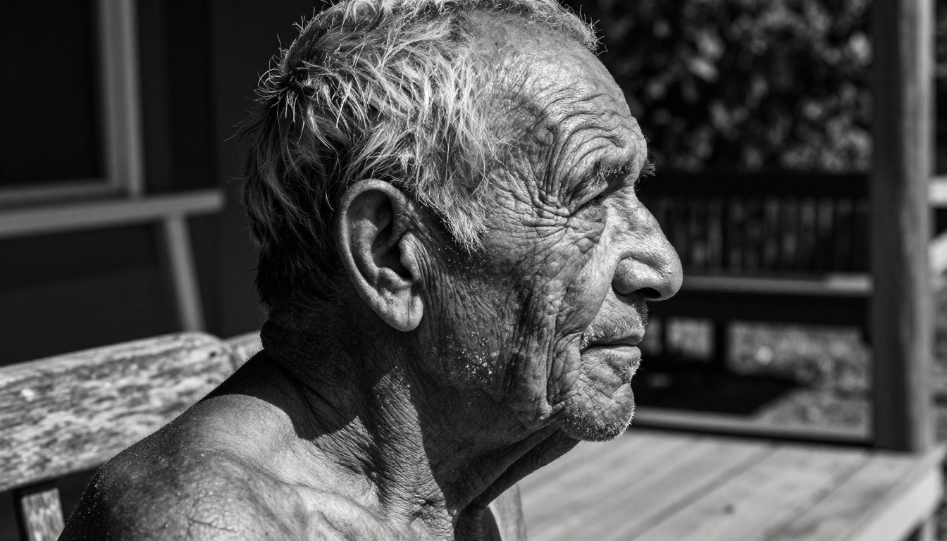 Elderly weathered dark skin in harsh documentary midday light