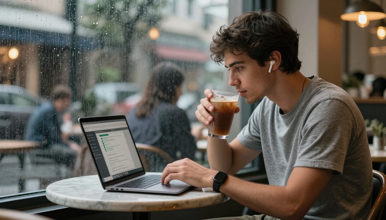 Man at rain-streaked cafe window with laptop AI chat open