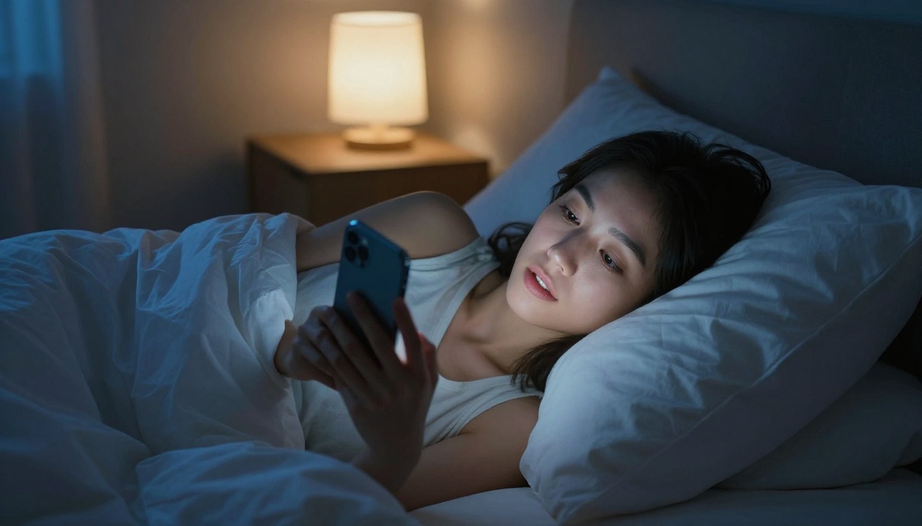 Young woman lying in bed using AI companion app on phone at night