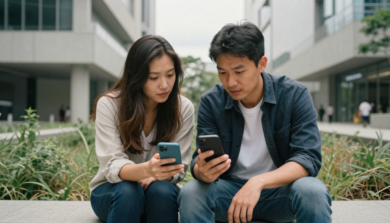 Man and woman on plaza steps sharing AI phone response together