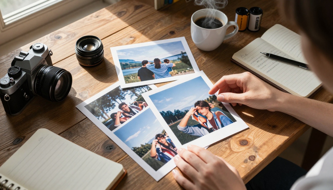Overhead flat-lay of creative workspace with analog camera and printed photographs Overhead flat-lay of creative workspace with analog camera and printed photographs