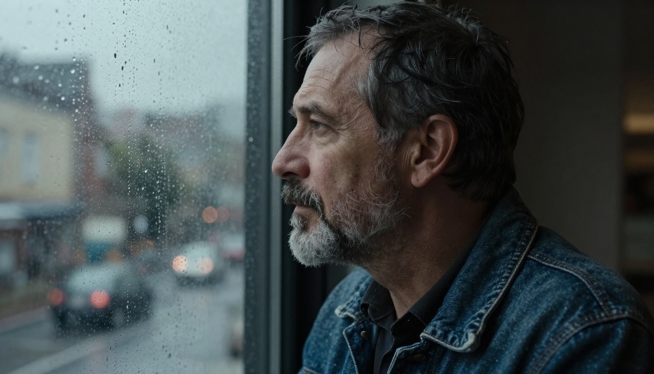 Side portrait of a man staring thoughtfully out a rain-streaked window Side portrait of a man staring thoughtfully out a rain-streaked window