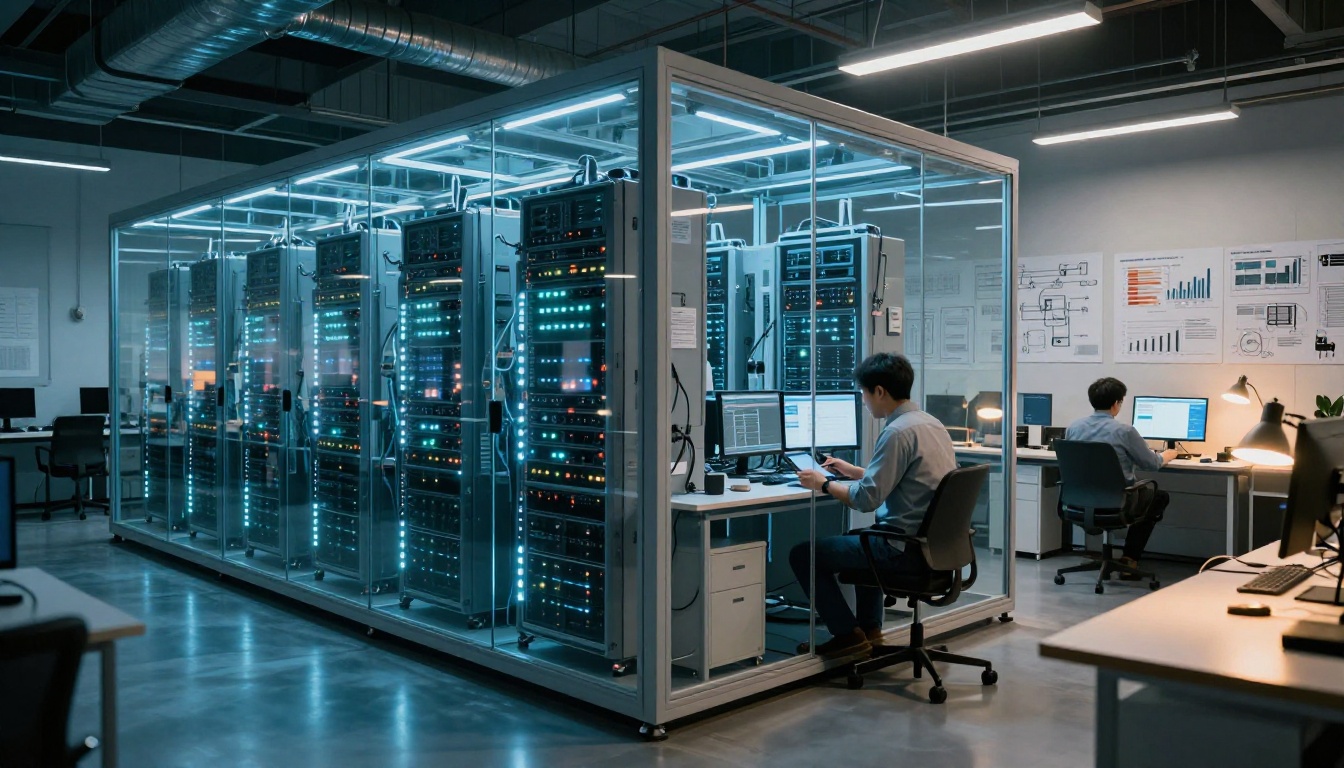 Modern AI research lab interior with servers and engineers reviewing results Modern AI research lab interior with servers and engineers reviewing results