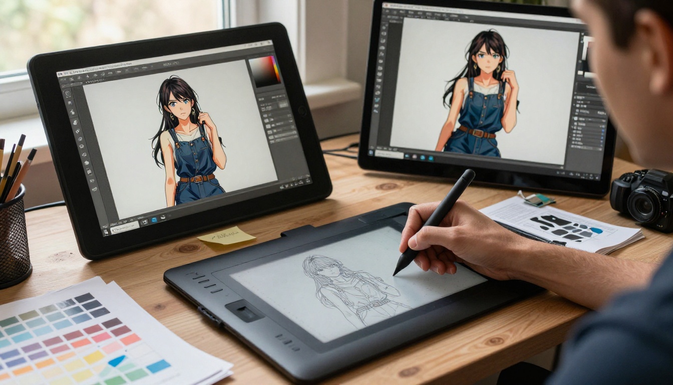 An artist's hands working on a drawing tablet, generating 2.5D anime art across dual monitors