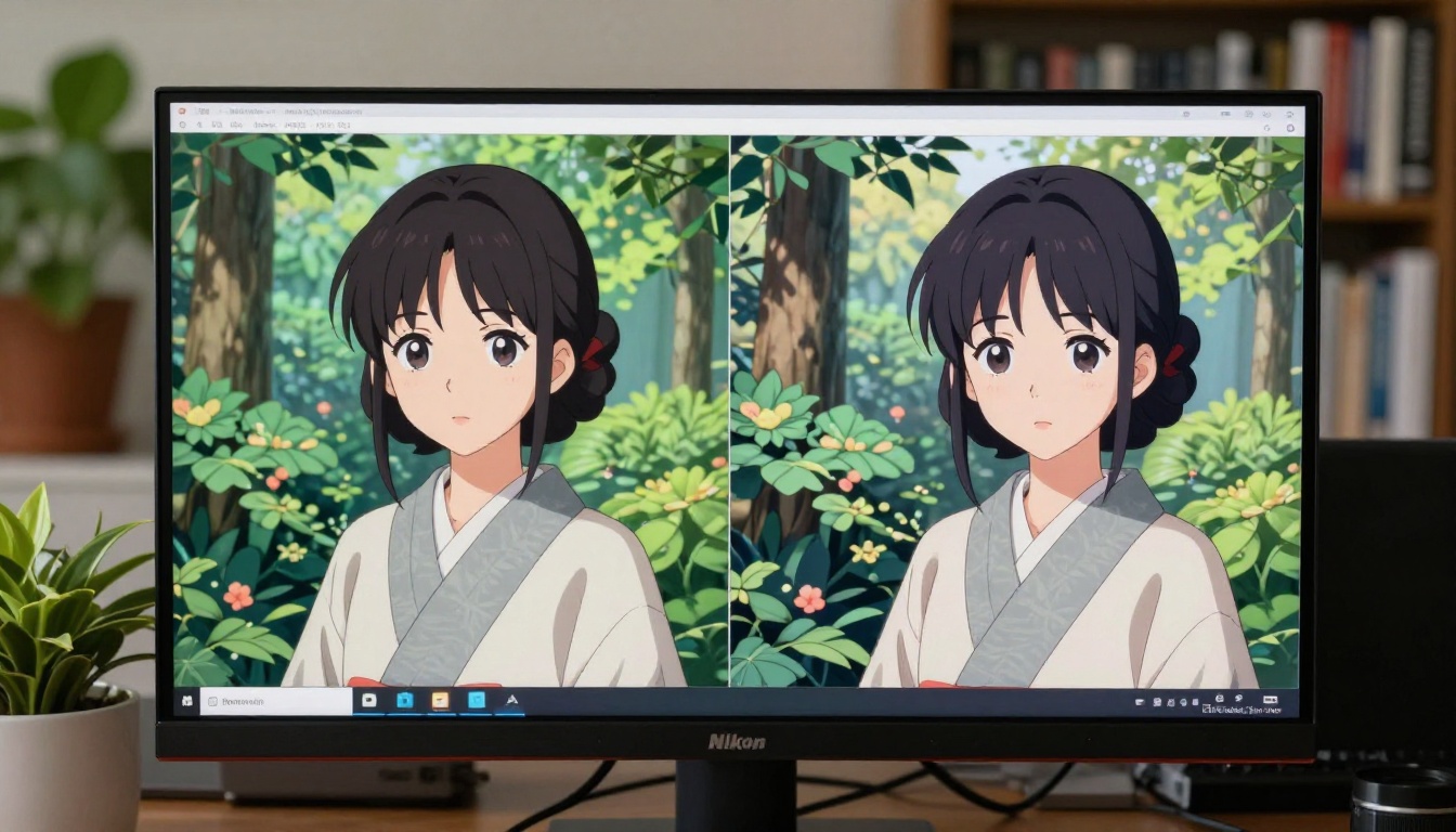 A split-screen monitor comparison showing flat 2D anime illustration versus its 2.5D depth-enhanced equivalent