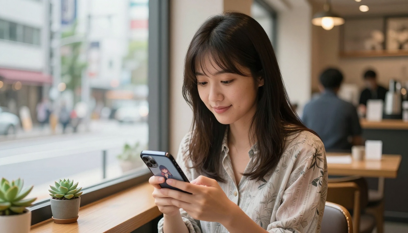 A young woman in a Tokyo café, scrolling her phone, viewing AI anime art on social media