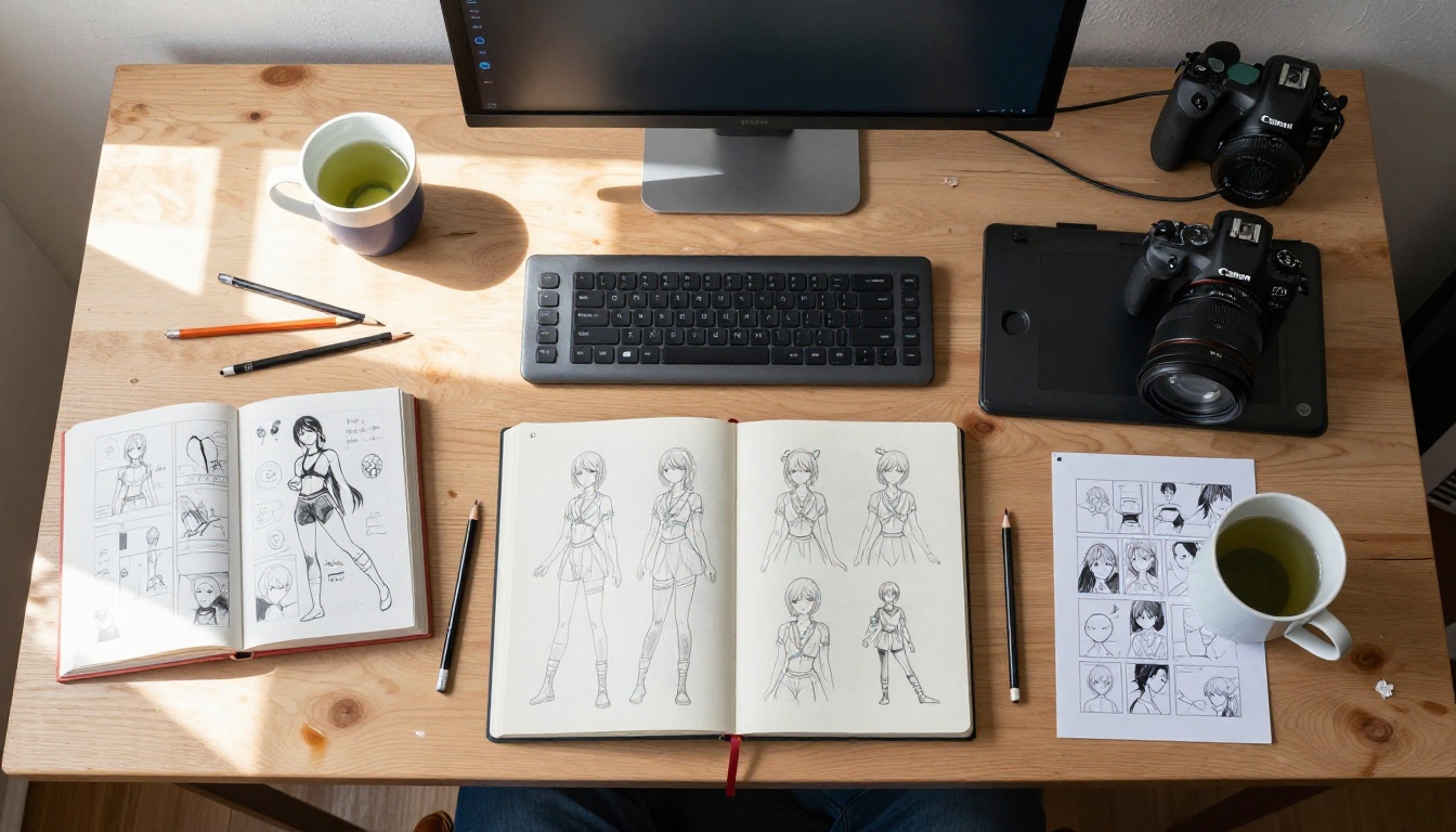 A top-down view of a creative workspace with anime reference books, drawing tablet, and pencil sketches