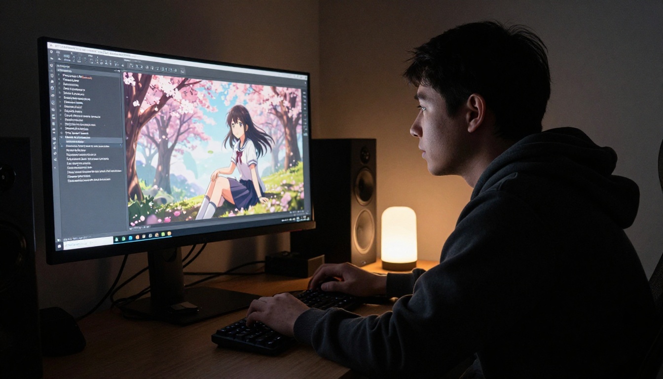 A man at a home workstation comparing AI-generated 2.5D anime prompts and results on dual monitors
