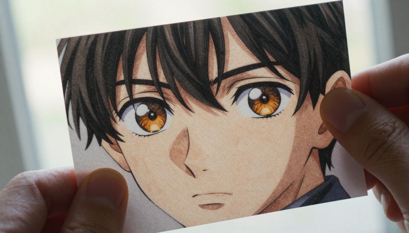 A close-up of printed 2.5D anime art held against window light, showing fine detail and color depth