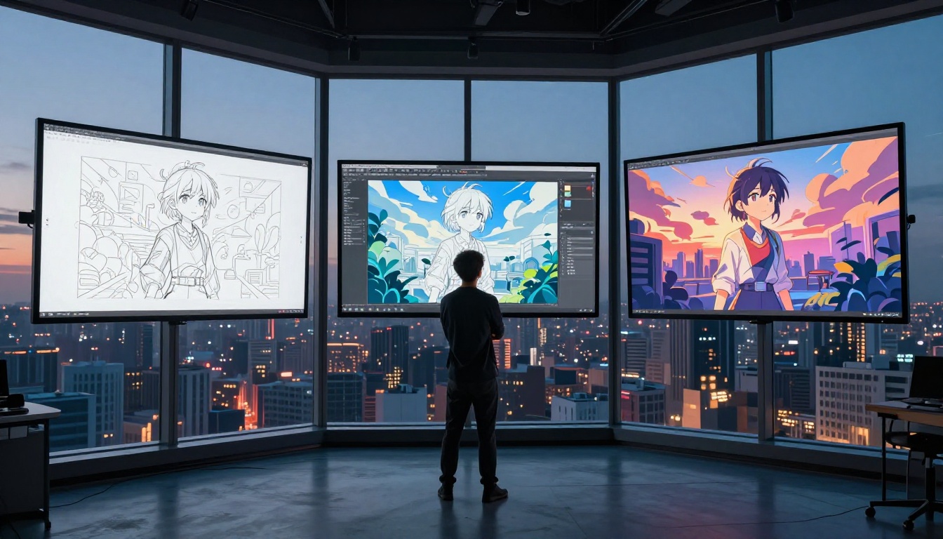 An artist studying different anime rendering styles on large studio monitors