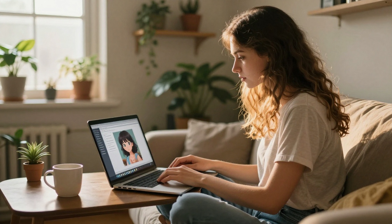 A young woman on a couch with her laptop open, generating 2.5D anime art on a browser-based AI platform