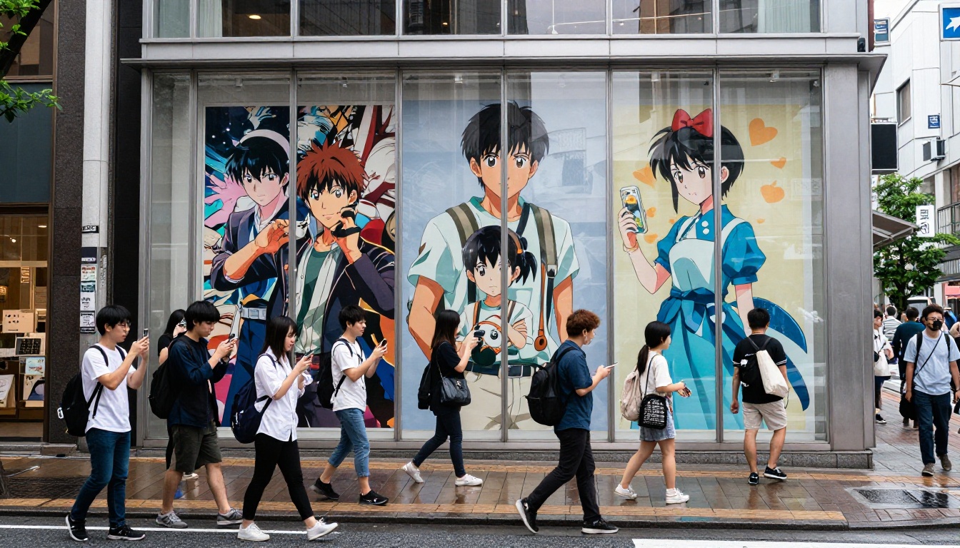Pedestrians in a Tokyo shopping district stopping to photograph large 2.5D anime art prints in a storefront