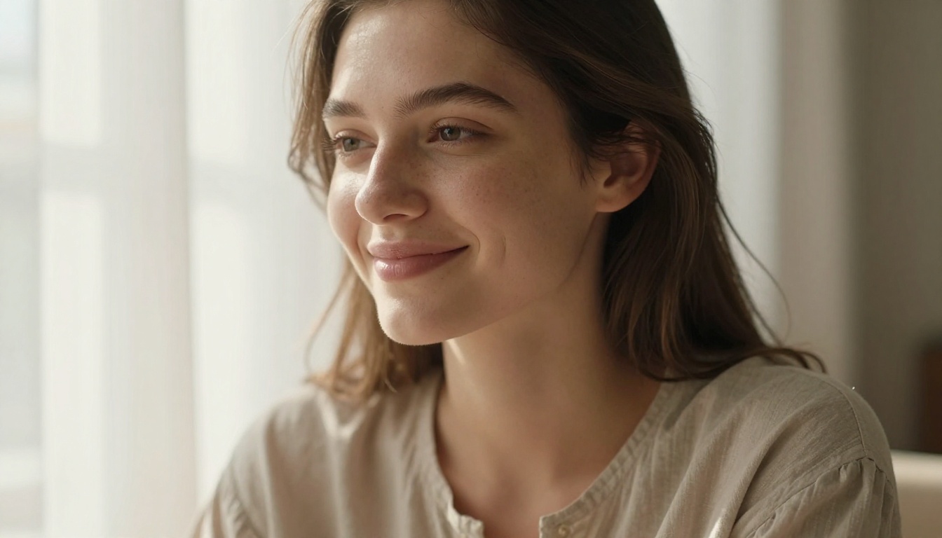 Close-up portrait of a woman with a warm smile near a sunlit window, natural skin texture, Kodak film grain