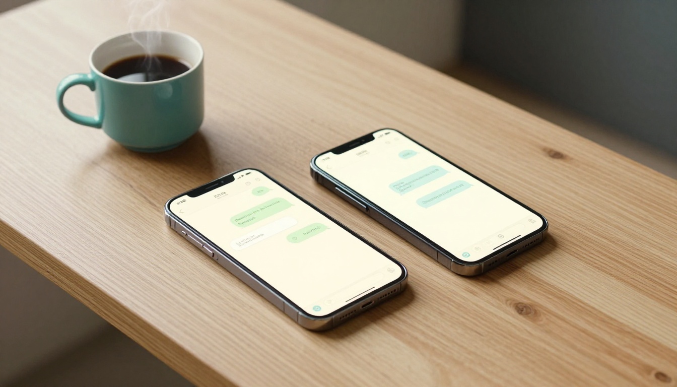 Two smartphones showing AI companion chat interfaces side by side on a wooden desk