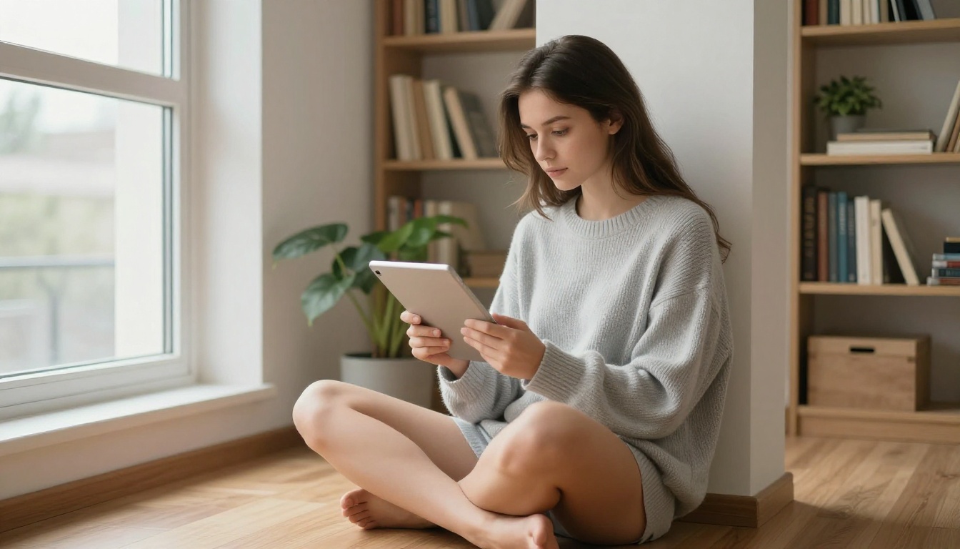 Young woman sitting cross-legged on a window seat reading from a tablet, oversized grey knit sweater, soft overcast light