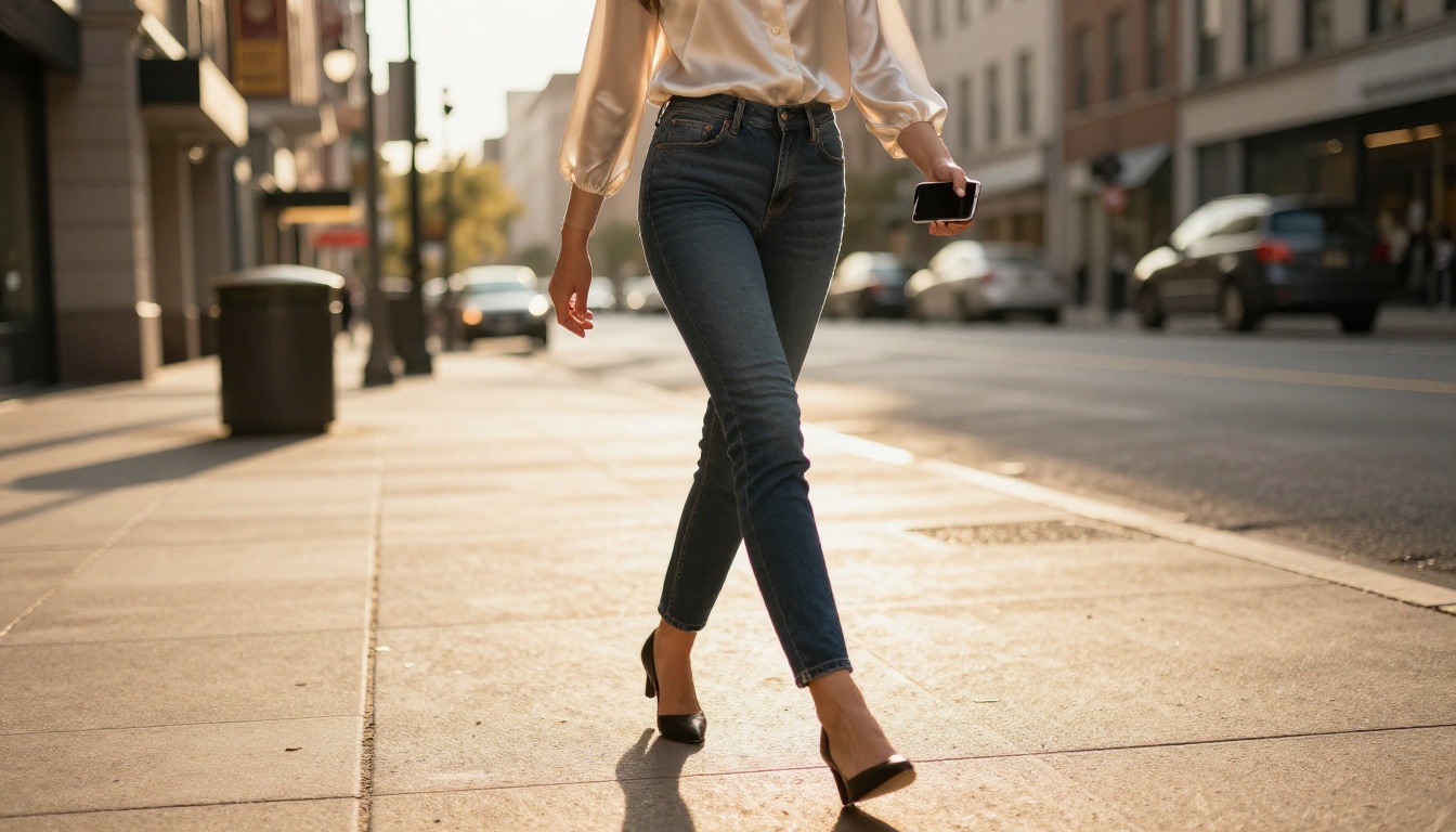 Confident young woman walking in golden-hour urban sunlight, cream silk blouse, dynamic low-angle perspective, textured concrete pavement
