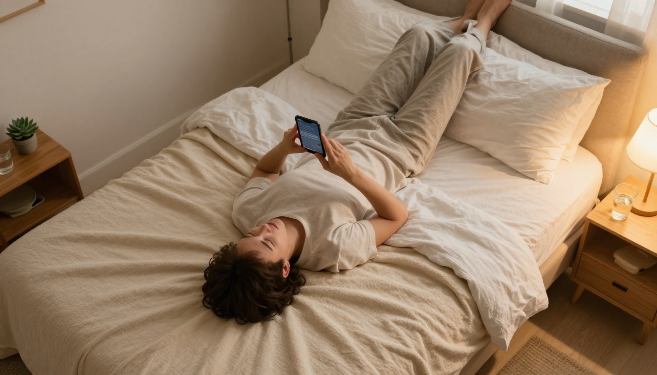 Aerial view of a person lying on a plush cream bed scrolling a smartphone, warm amber lamp light, natural linen textures
