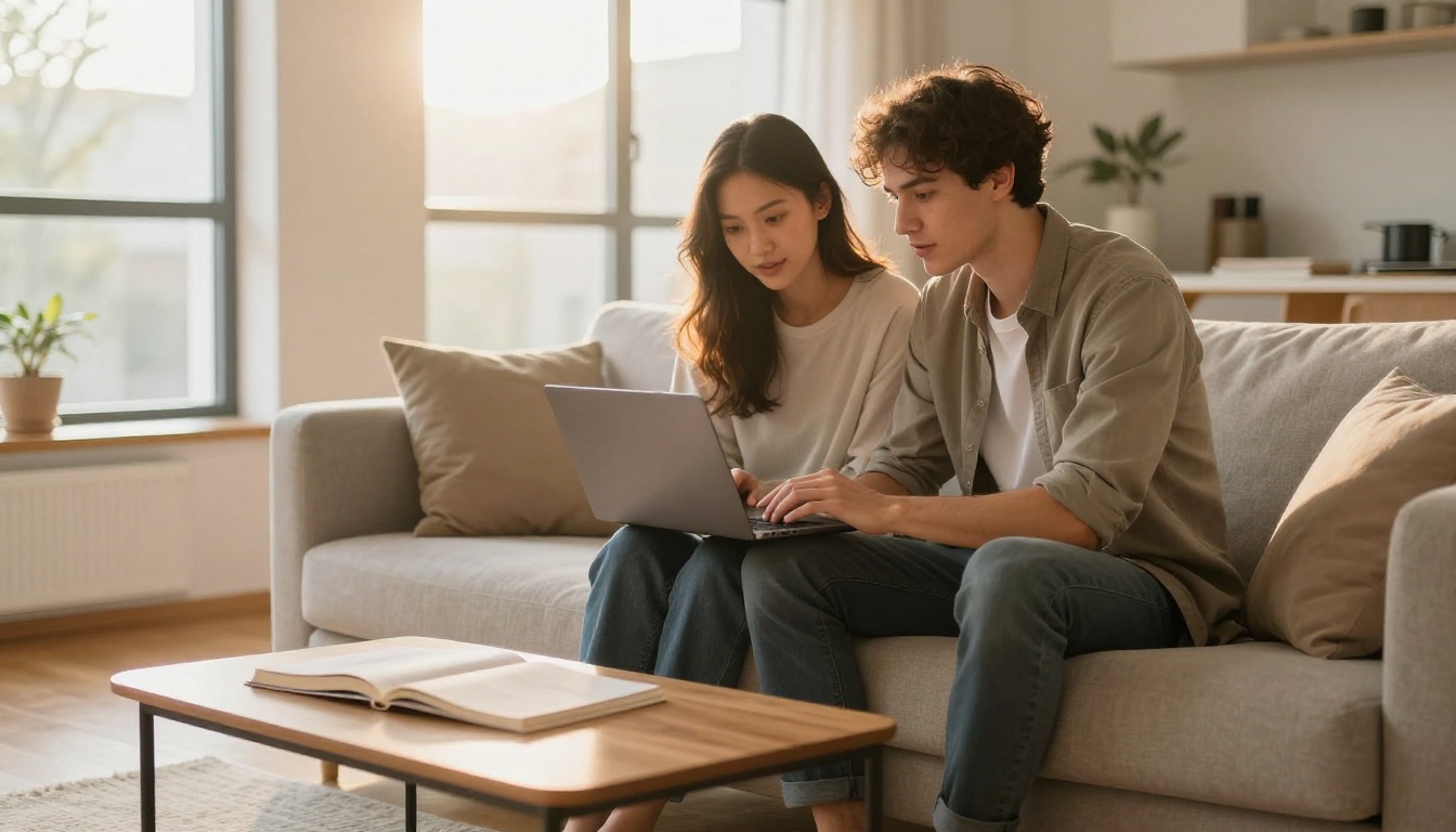 Young man and woman sitting together on a modern minimalist sofa looking at a laptop screen, warm sunlight backlight