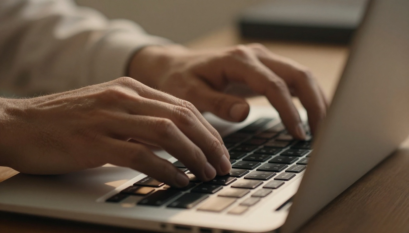 Close-up of hands typing on a modern laptop keyboard, warm morning side light, matte aluminum surface, shallow depth of field