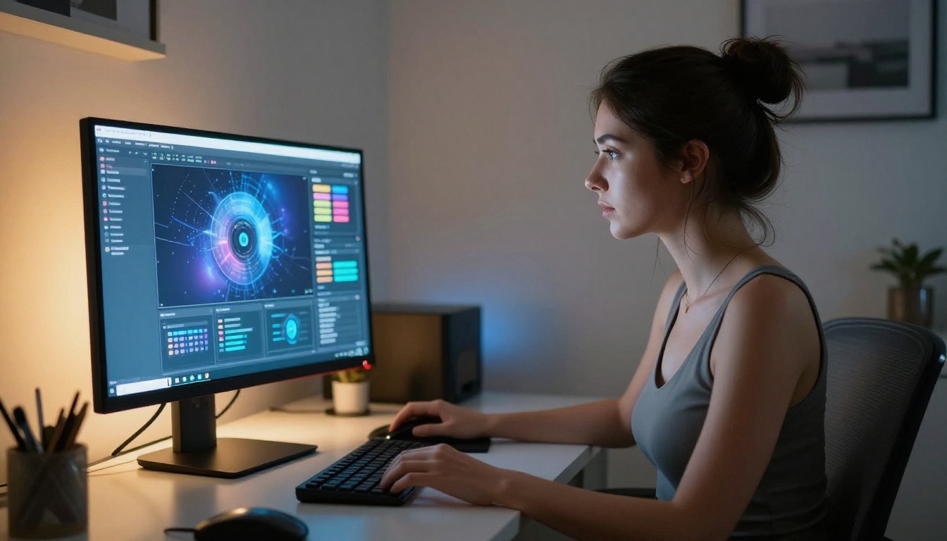 Attractive woman at a sleek home office desk at night, dual-tone lighting from monitor glow and warm amber desk lamp, focused expression