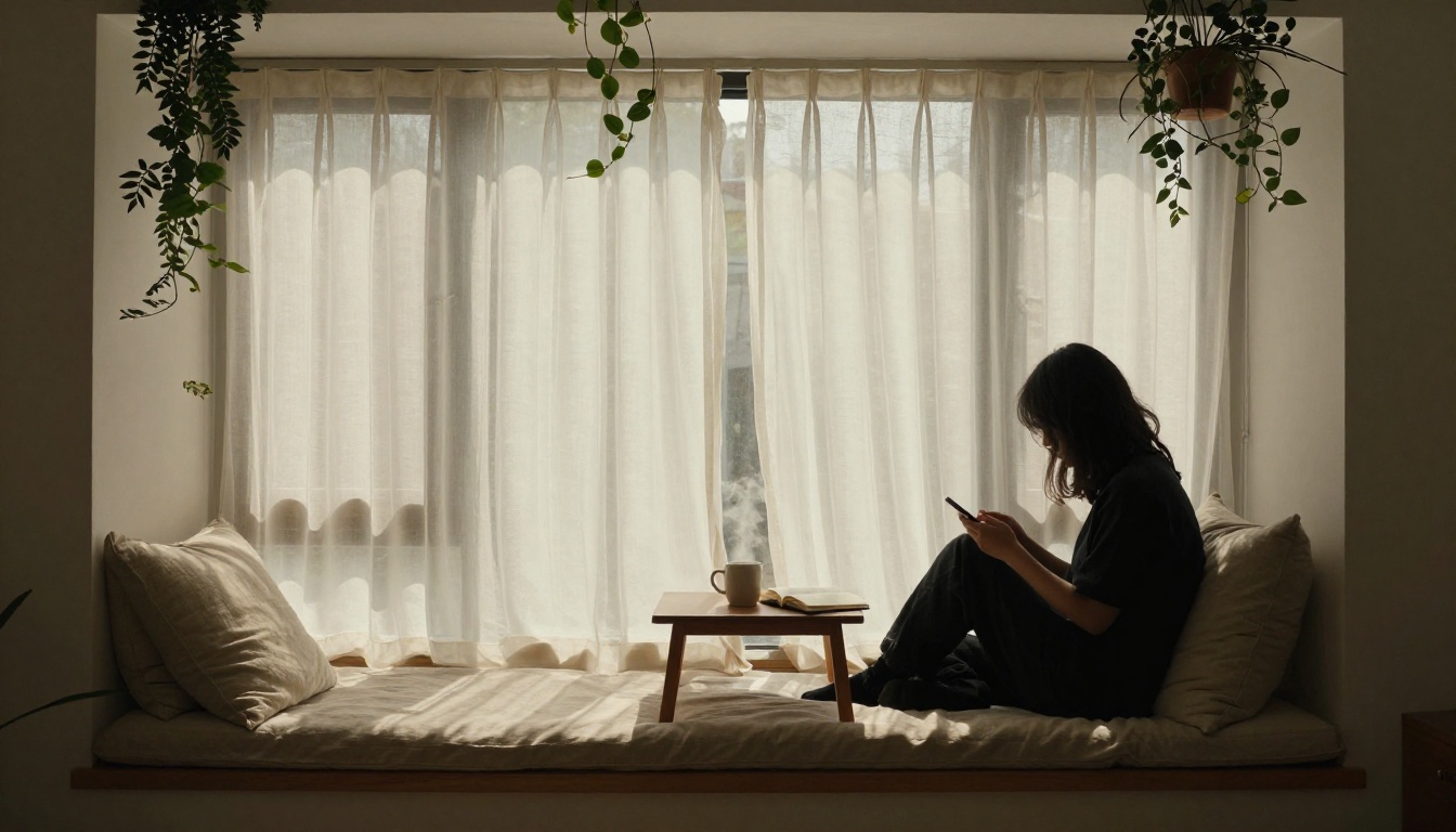 Wide cozy reading nook with warm afternoon light through sheer white curtains, person silhouetted while scrolling a phone, atmospheric god rays