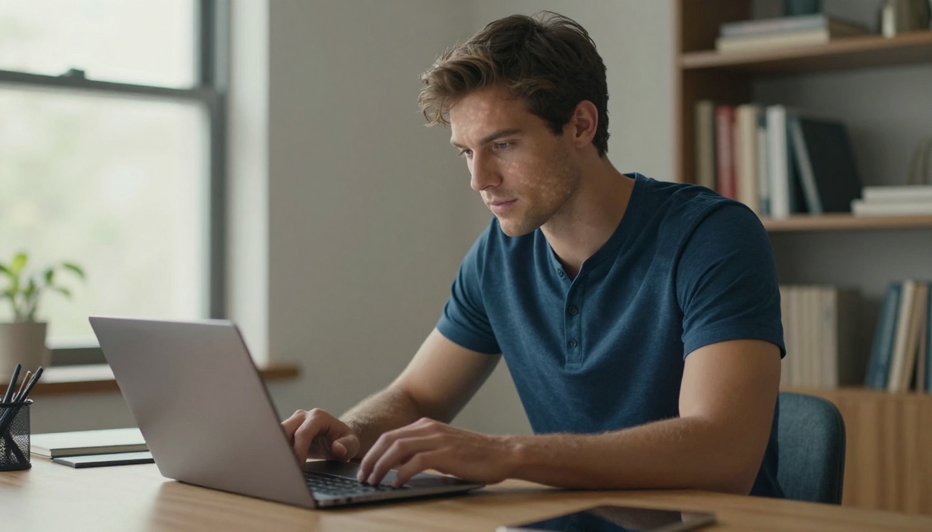 Handsome man at desk with laptop, natural daylight from window Handsome man at desk with laptop, natural daylight from window