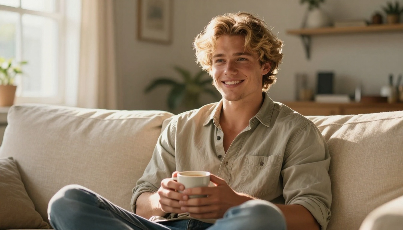 Attractive blonde man on couch with coffee in sunlit apartment Attractive blonde man on couch with coffee in sunlit apartment