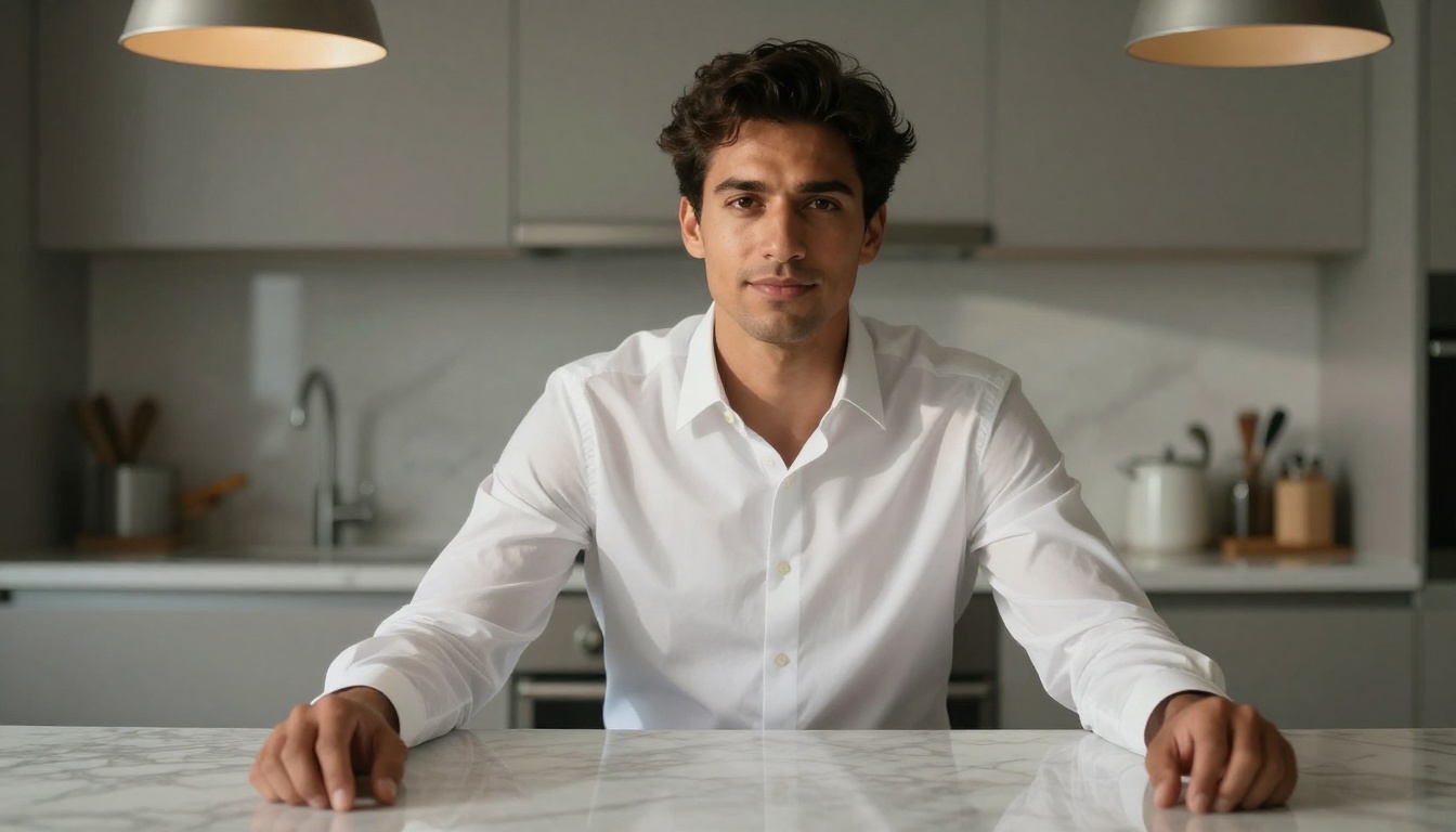 Dark-haired man in stylish kitchen, low-angle portrait Dark-haired man in stylish kitchen, low-angle portrait