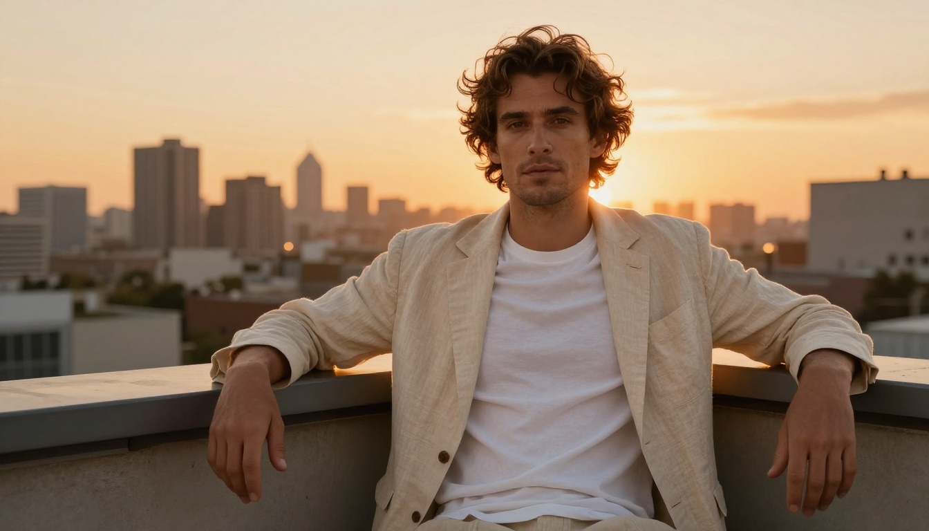 Man with curly hair on rooftop at golden hour Man with curly hair on rooftop at golden hour