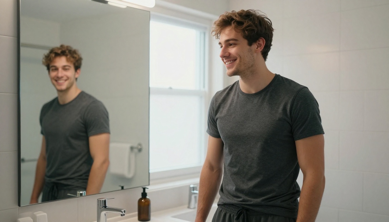 Athletic man in bathroom mirror, morning lifestyle portrait Athletic man in bathroom mirror, morning lifestyle portrait
