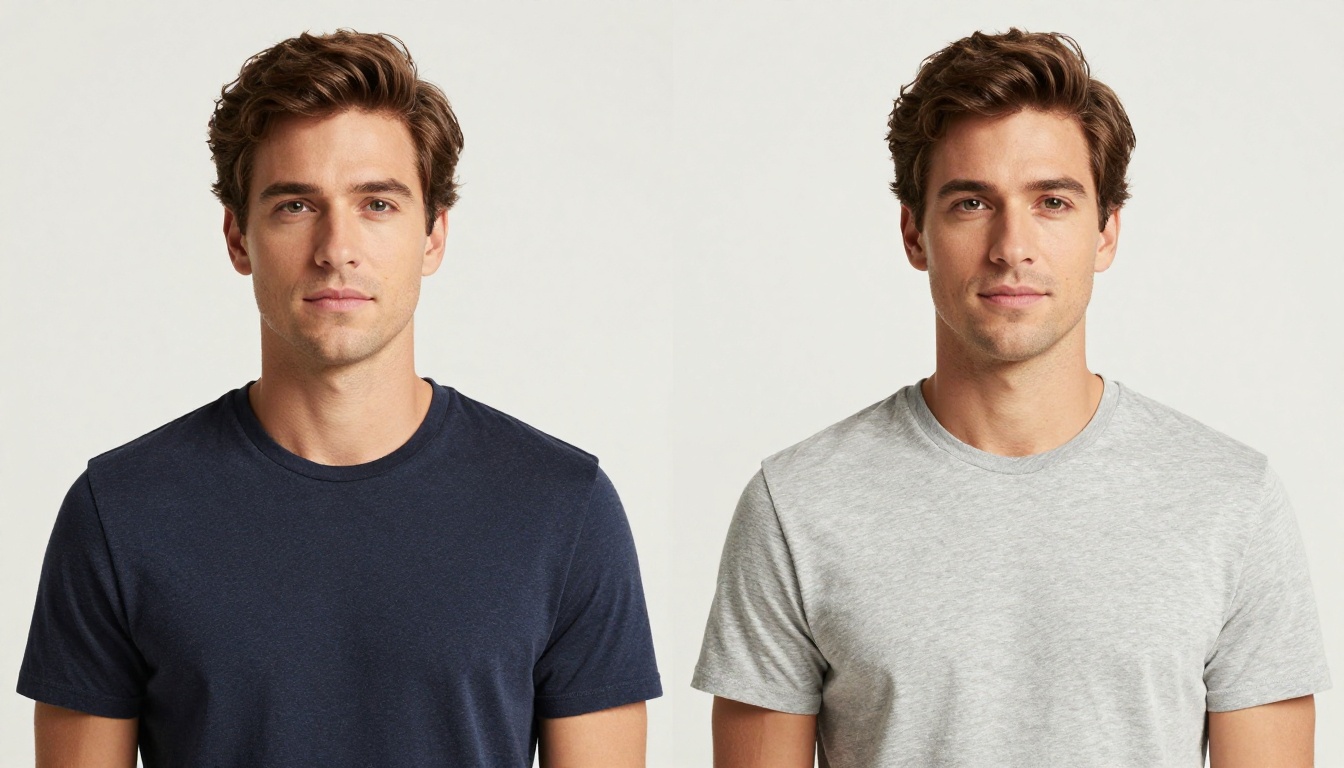 Two men side by side comparison in neutral studio lighting Two men side by side comparison in neutral studio lighting