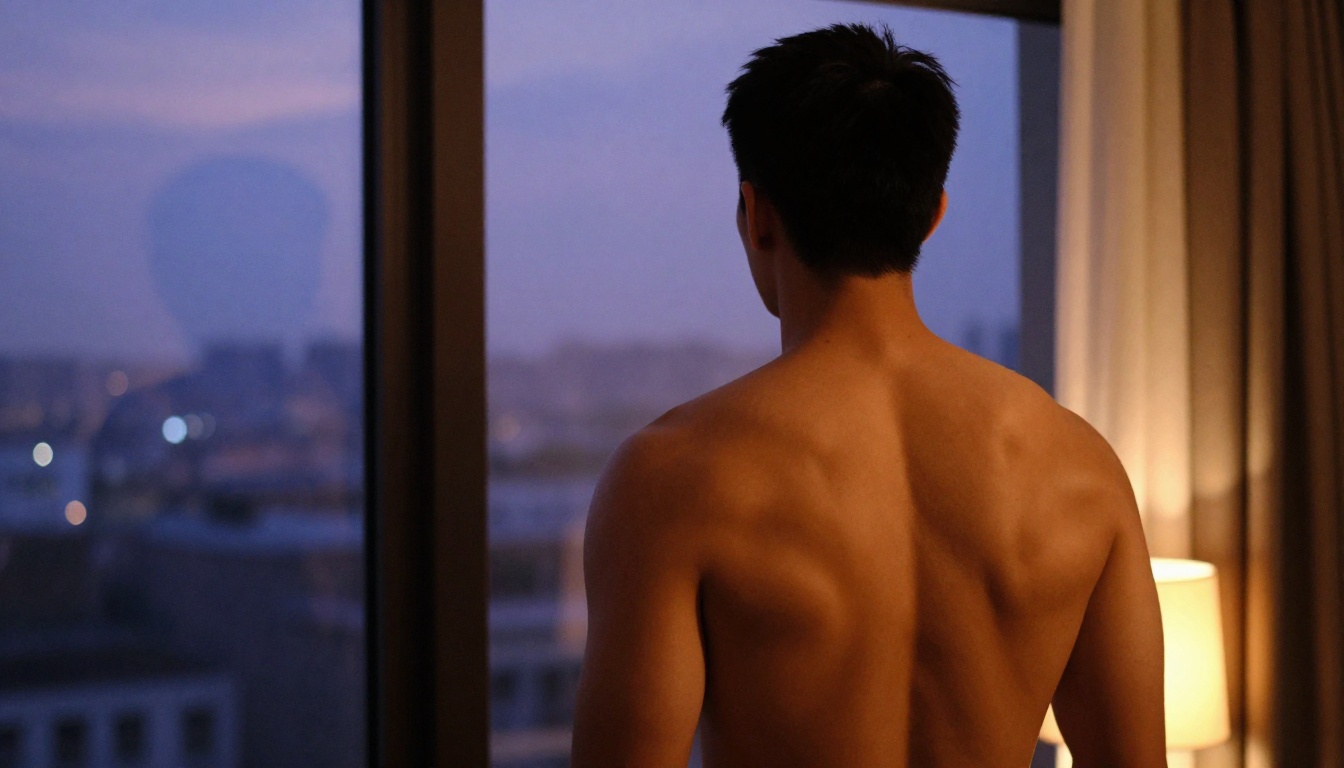 Shirtless man looking out at city dusk from apartment window Shirtless man looking out at city dusk from apartment window