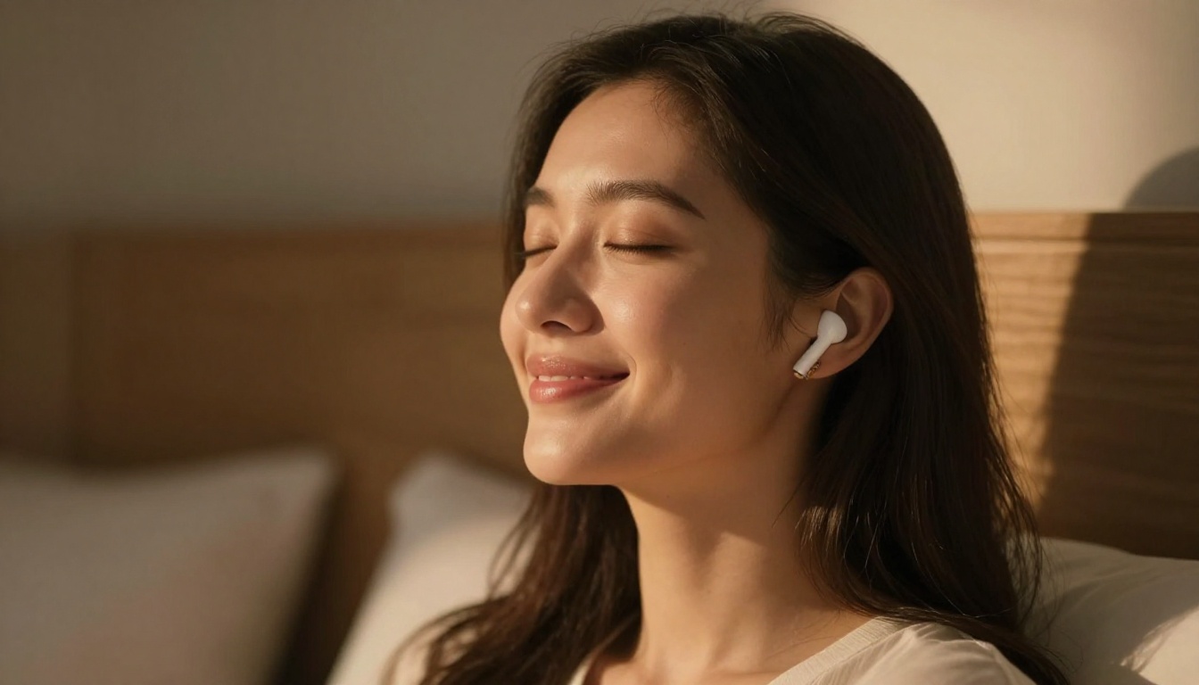 Woman with earbuds listening, peaceful expression