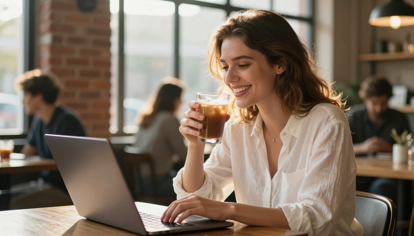 Young woman at café laughing at laptop