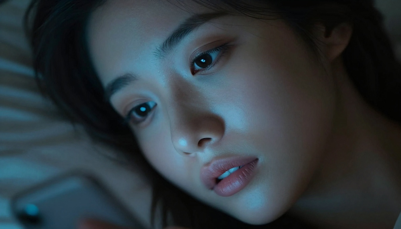Woman illuminated by phone screen in dark room