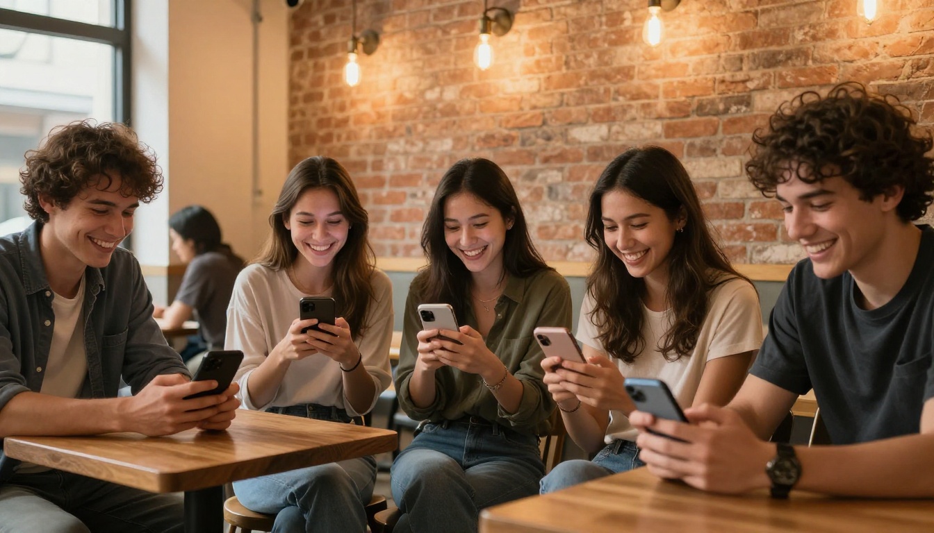 Group of people smiling at smartphones in café